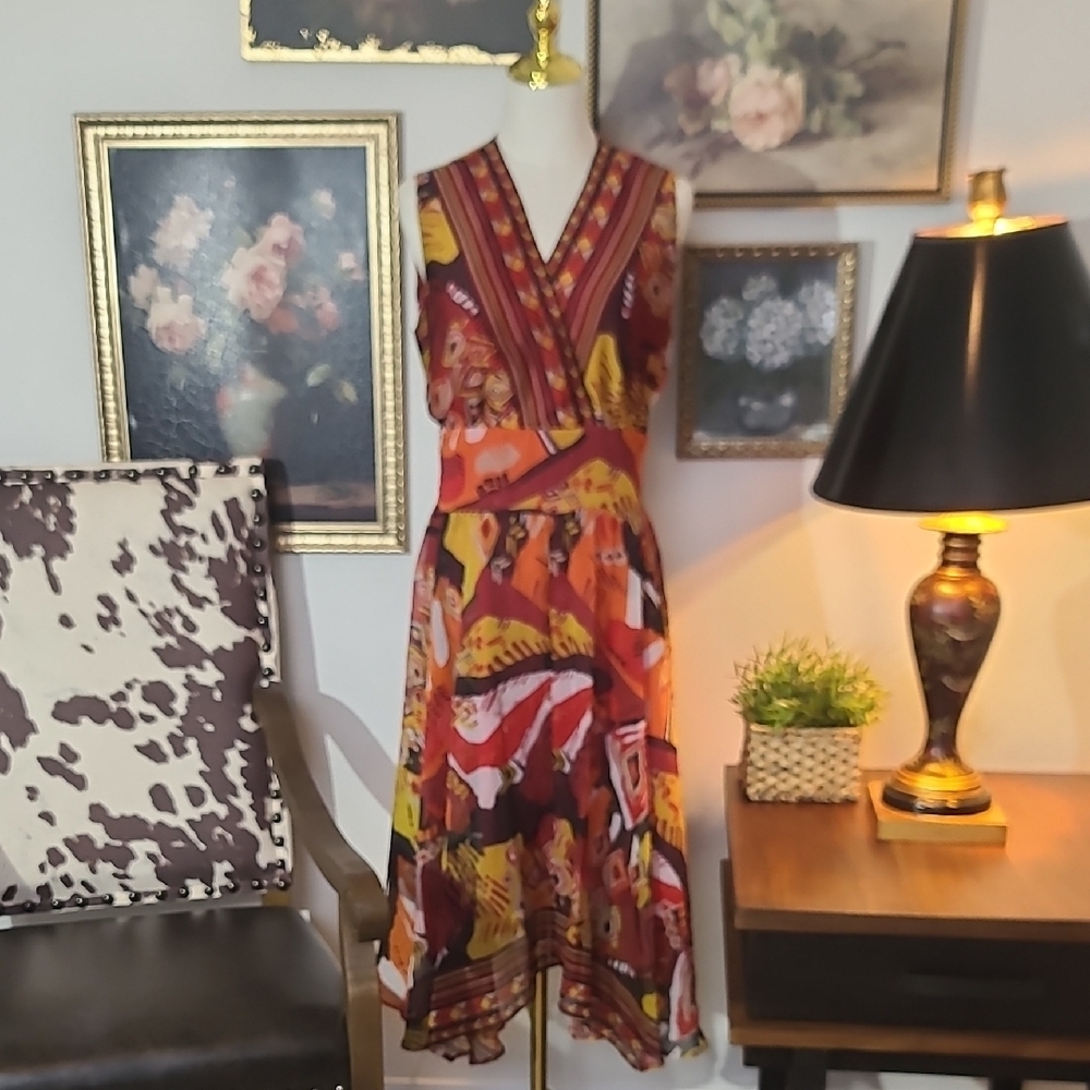 TravelSmith Orange & Yellow Multi-Print V-Neck Midi Dress